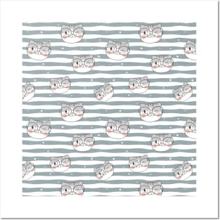 Cute Grey Cat - Cute Cat Pattern - Kitten Winking Wearing Glasses Posters and Art